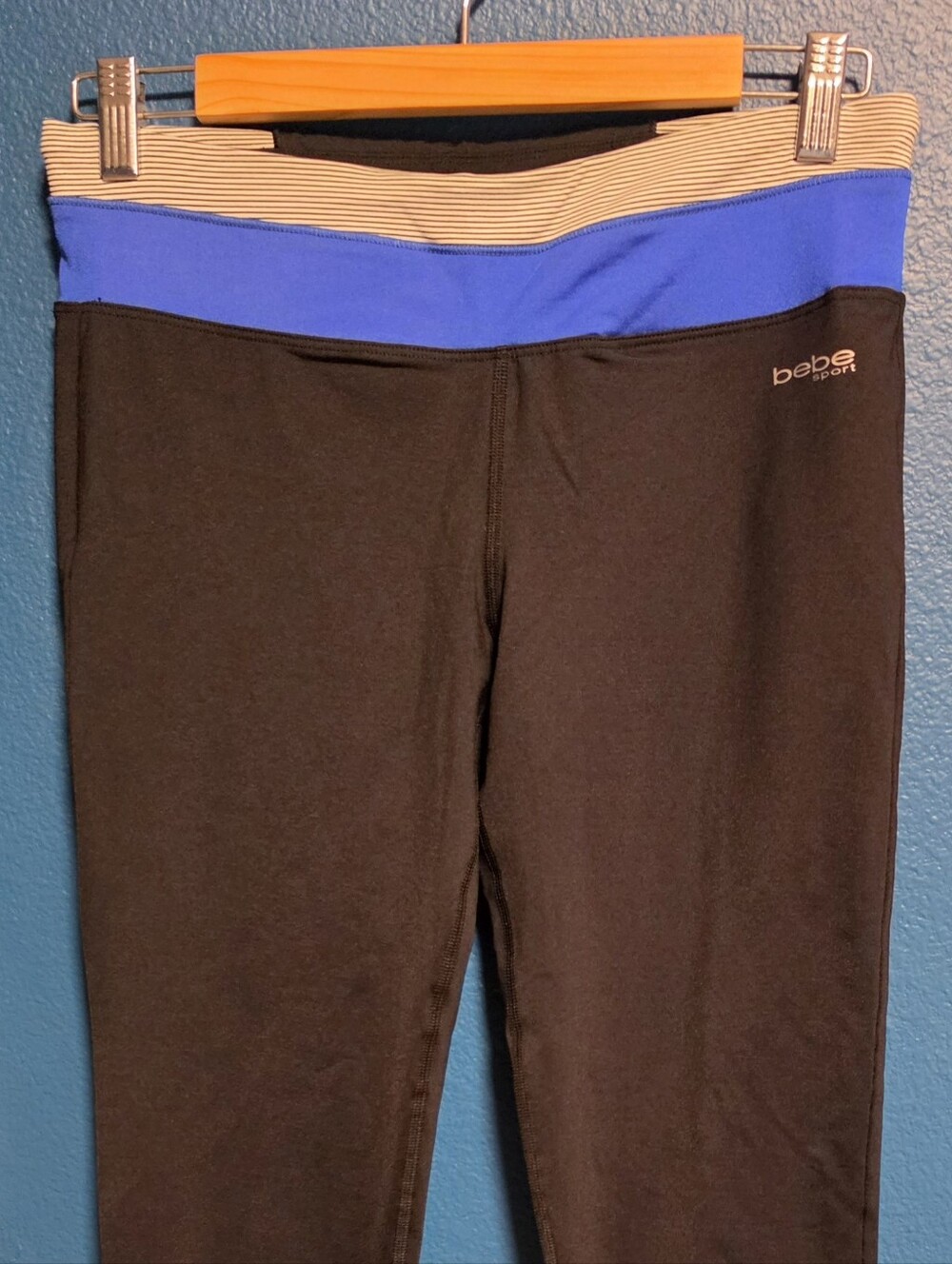 BEBE Sport Black Leggings with Blue Waistband and Cream Stripe